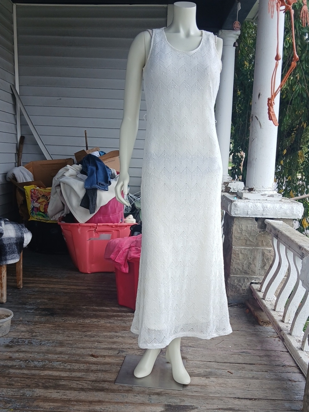 Classic White Crochet Sequinned Maxi Dress - Sleeveless Women’s Dress